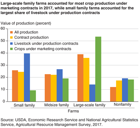 A bar chart shows that large family farms accounted for most crop production under marketing contracts in 2017, while small family farms accounted for the largest share of livestock under production contracts.