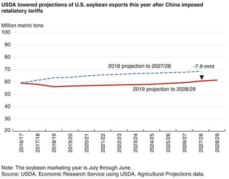 A line chart showing projected U.S. soybean exports through 2028.