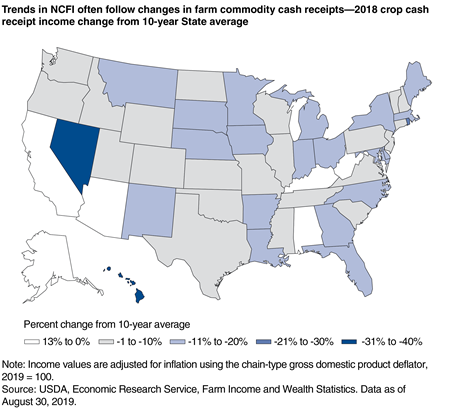 A map shows that regional variation in commodity production and expenses often contributed to differences in net cash farm incomes.