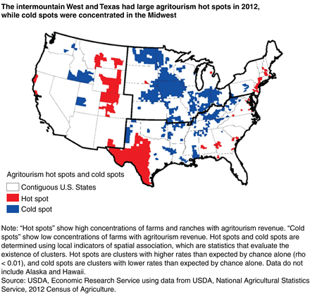 A map shows that the intermountain West and Texas had large agritourism hot spots in 2012, while cold spots were concentrated in the Midwest.