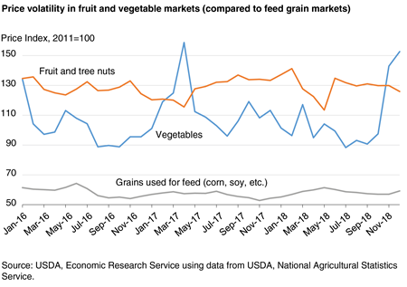 Line chart showing price volatility in fruit and vegetable markets (compared to feed grain markets)