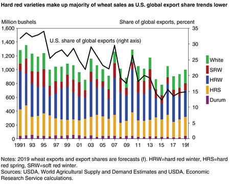 A stacked bar graph indicating U.S. wheat production by class decreasing steadily since 1990 with an overlaid line graphing the simultaneous decline in wheat sales as a share of U.S. global exports.