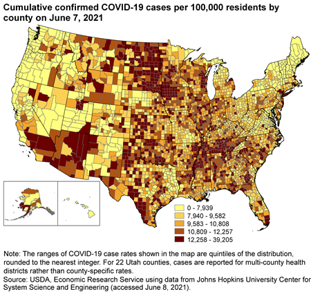 Cumulative confirmed COVID-19 cases per 100,000 residents by county on on June 7, 2021