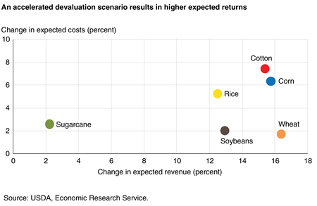 A scatter plot that graphs Brazil’s economic returns to commodity production shows in general that as the change in expected costs is higher (y-axis) for a commodity, the change in expected revenue (x-axis) is also higher.