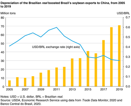 A bar graph of Brazil’s soybean exports from 2005-19 increasing slowly but picking up in 2013 as the overlaid line graph of the Brazilian real/U.S. dollar exchange rate indicated depreciation of the real beginning in 2012.