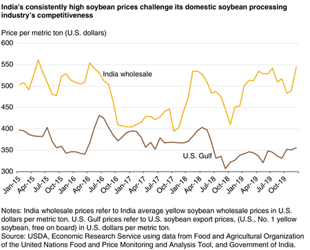 A line graph comparing 2015-19 prices of soybeans shipped from the U.S. Gulf with India wholesale soybeans, with India prices consistently higher by up to $180 more per metric ton.