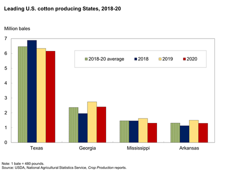 Chart Showing leading U.S. cotton producing States, 2018-20