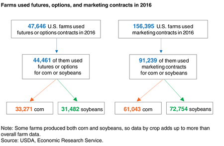 A flowchart shows how U.S. farms used futures, options, and marketing contracts in 2016.