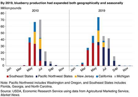 A stacked bar chart comparing the seasonality of U.S. blueberry production in million pounds from 2010 to 2020 by State, indicating more States have come into production with the domestic blueberry seasons now being longer.