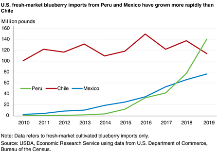 A line graph comparing fresh-market blueberry imports from Peru, Mexico, and Chile, showing blueberries sourced from Peru and Mexico have grown more rapidly than from Chile.