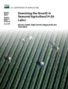 This is the cover image for the Examining the Growth in Seasonal Agricultural H-2A Labor report.