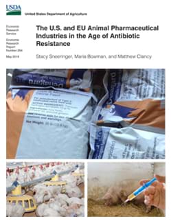 Photos of bags of medicated swine feed, broilers, and a hand holding a syringe with a pig in the background