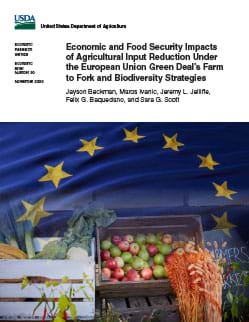 Cover of the Economic and Food Security Impacts of Agricultural Input Reduction Under the European Union Green Deal’s Farm to Fork and Biodiversity Strategies report.